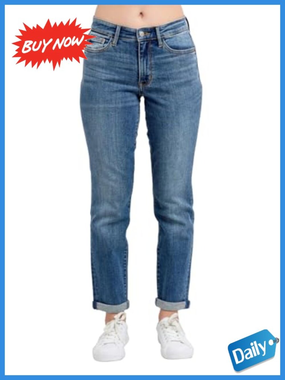 Mid Rise Stretchy Boyfriend Jeans Cuffed 5-Pocket Denim